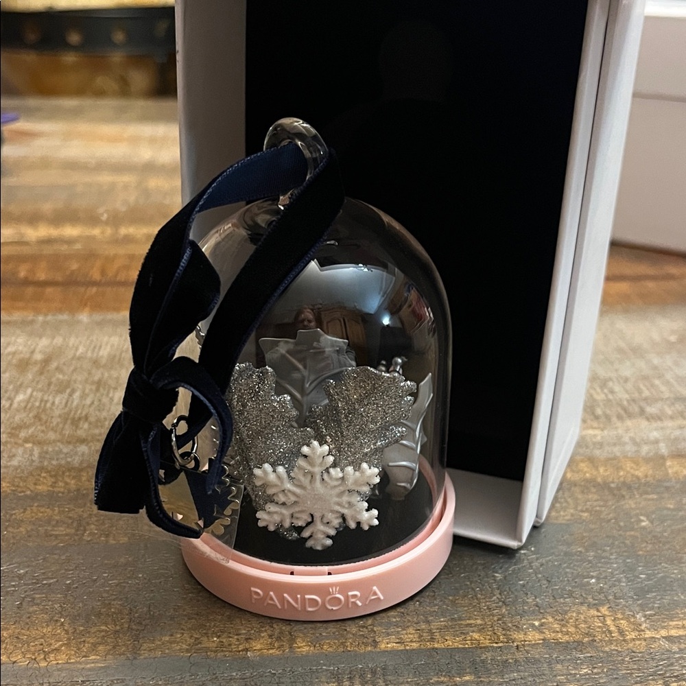 Pandora Silver and White Snowflake Ornament with Blue Ribbon